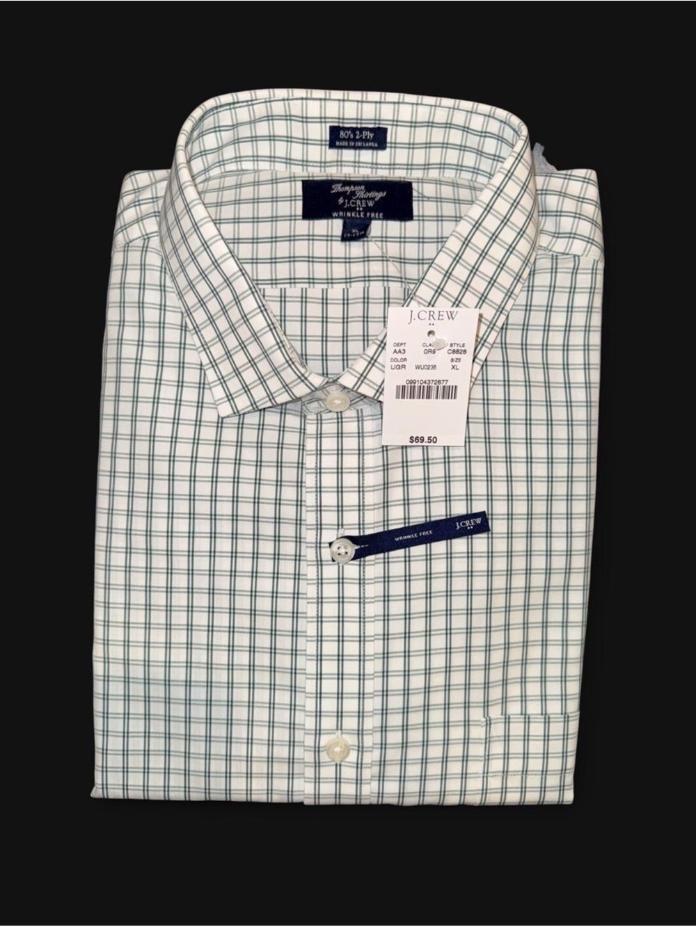 J. Crew Factory Men's White Shirt with Green Windowpane Plaid